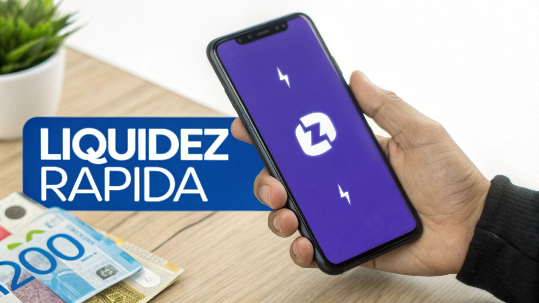 Mano sostiene un smartphone con logo de aplicación morada, junto a billetes y un letrero de 'LIQUIDEZ RAPIDA'.