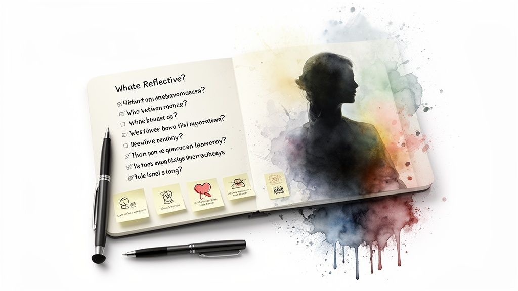 Open notebook displaying a checklist on one page and a watercolor woman's silhouette on the other, with pens.