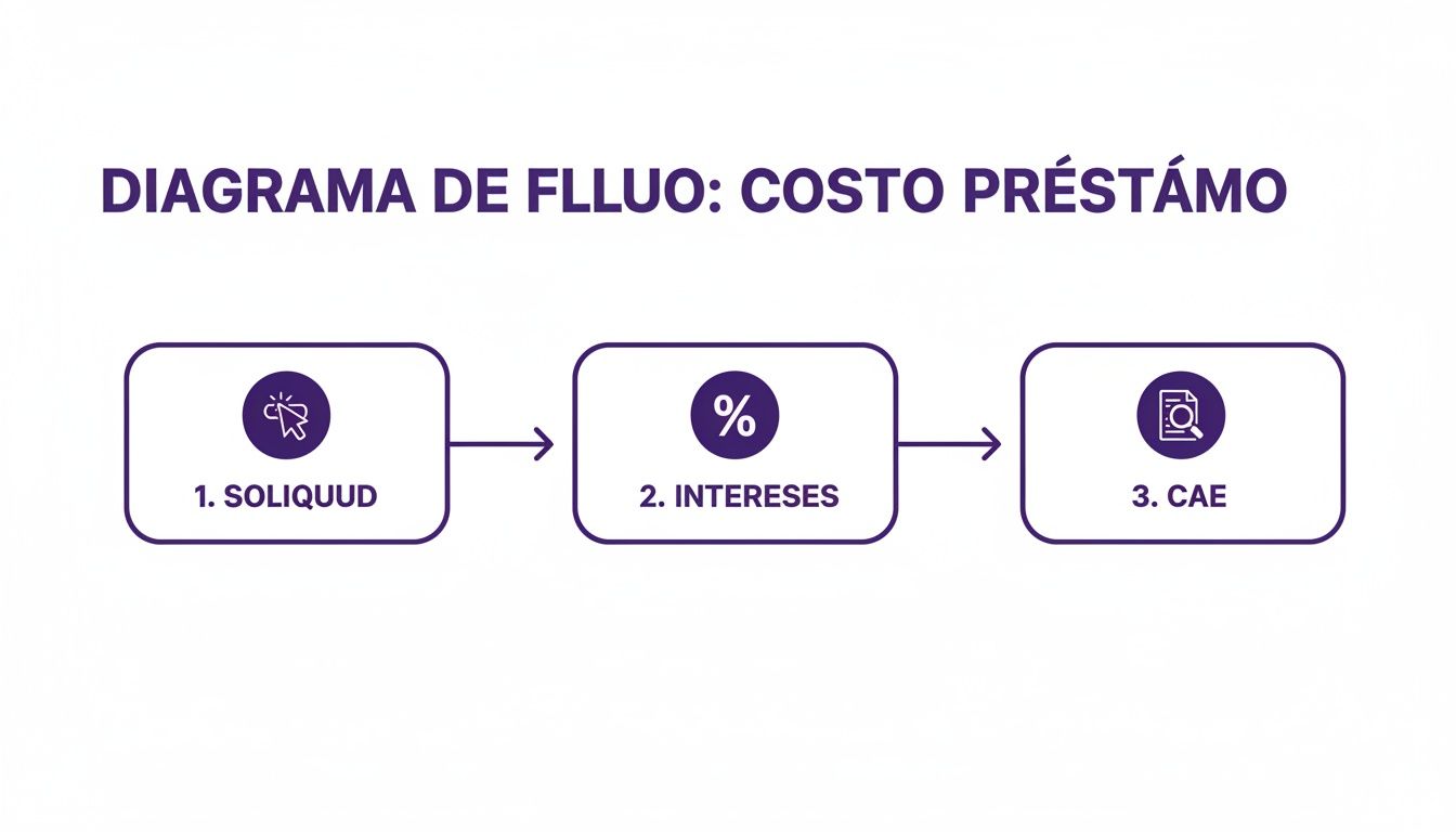 Diagrama de flujo que ilustra el proceso del costo de un préstamo: solicitud, intereses y CAE.