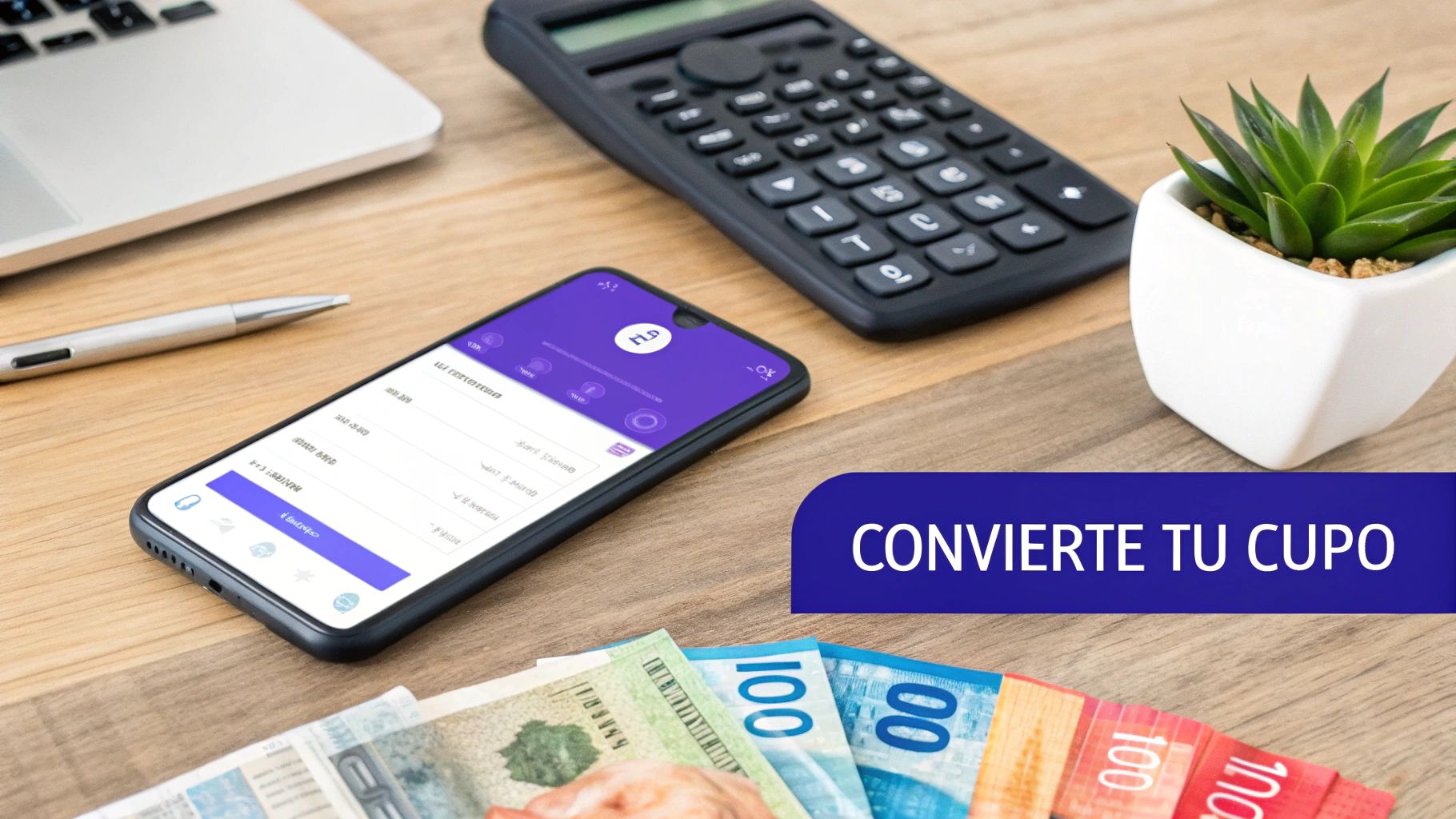 Un escritorio con un smartphone mostrando una aplicación, calculadora, portátil, billetes y el texto 'CONVIERTE TU CUPO'.