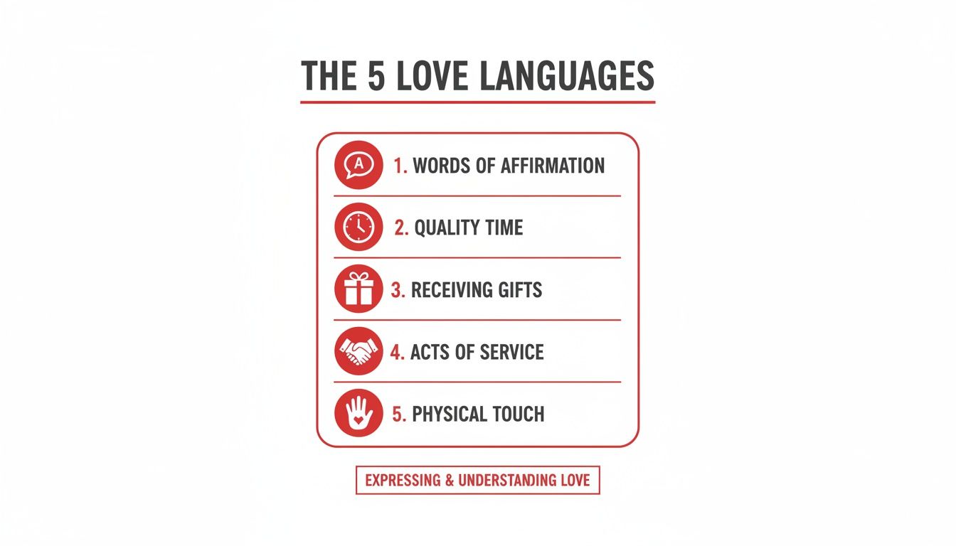 An infographic listing the 5 Love Languages: Words of Affirmation, Quality Time, Receiving Gifts, Acts of Service, Physical Touch.