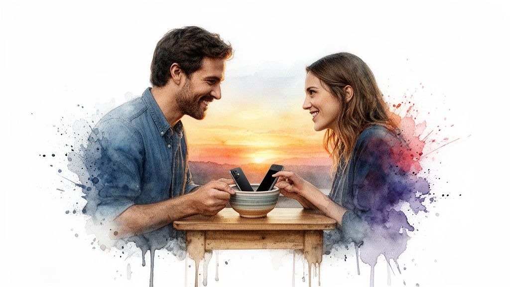 Smiling couple at sunset put smartphones in a bowl, focusing on bonding time.