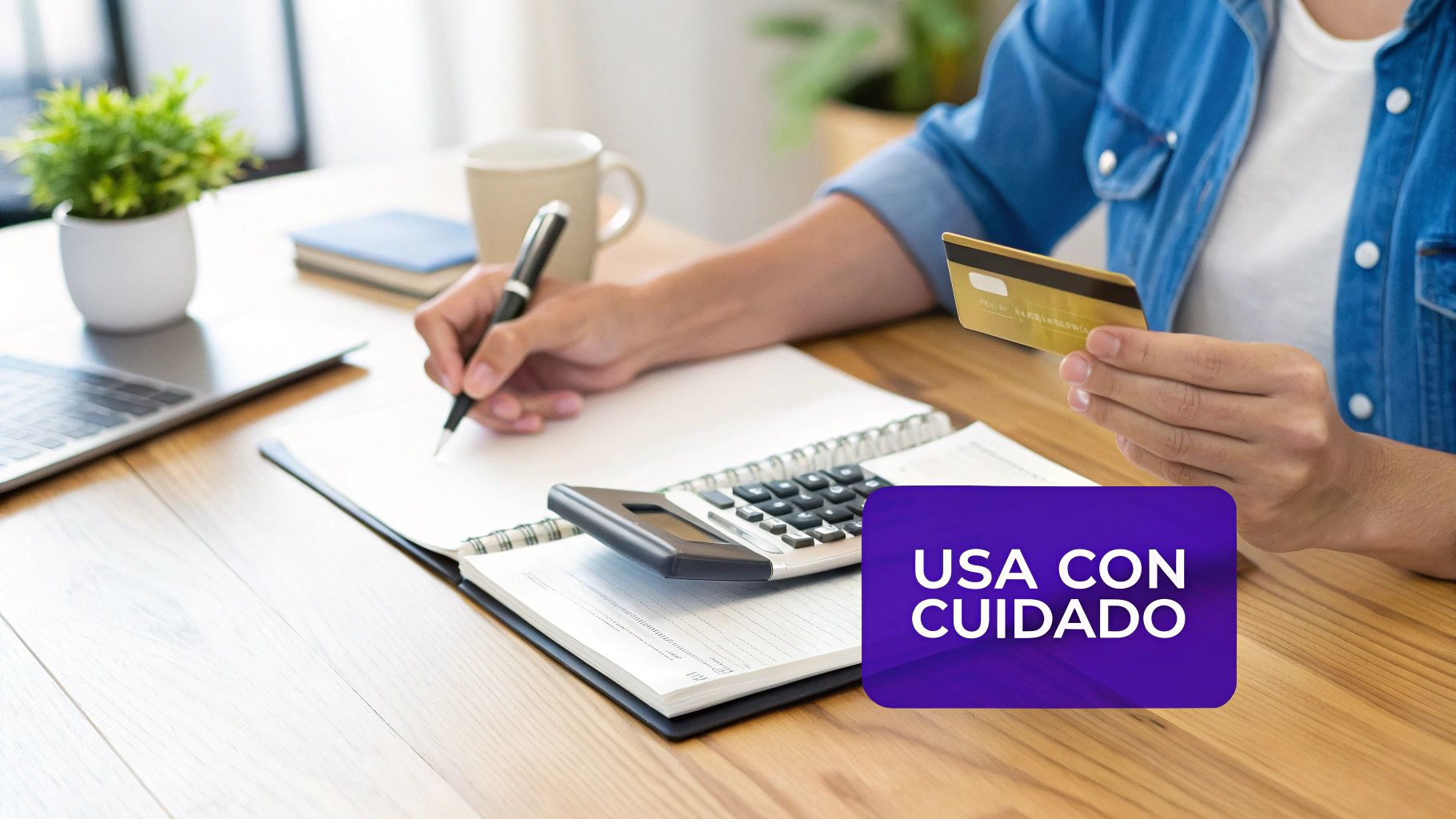 Persona gestionando finanzas en un escritorio con un cuaderno, calculadora y tarjeta de crédito. Mensaje: "Usa con cuidado".