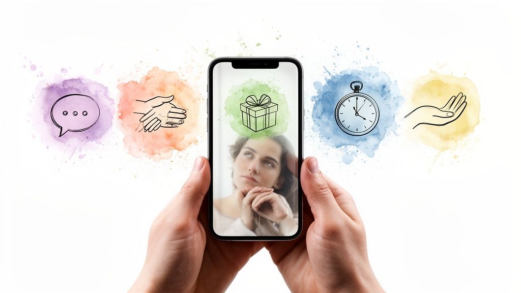 Hands holding a smartphone displaying a contemplative woman and a gift box, surrounded by icons of communication, handshake, time, and an open hand, all on watercolor splashes.