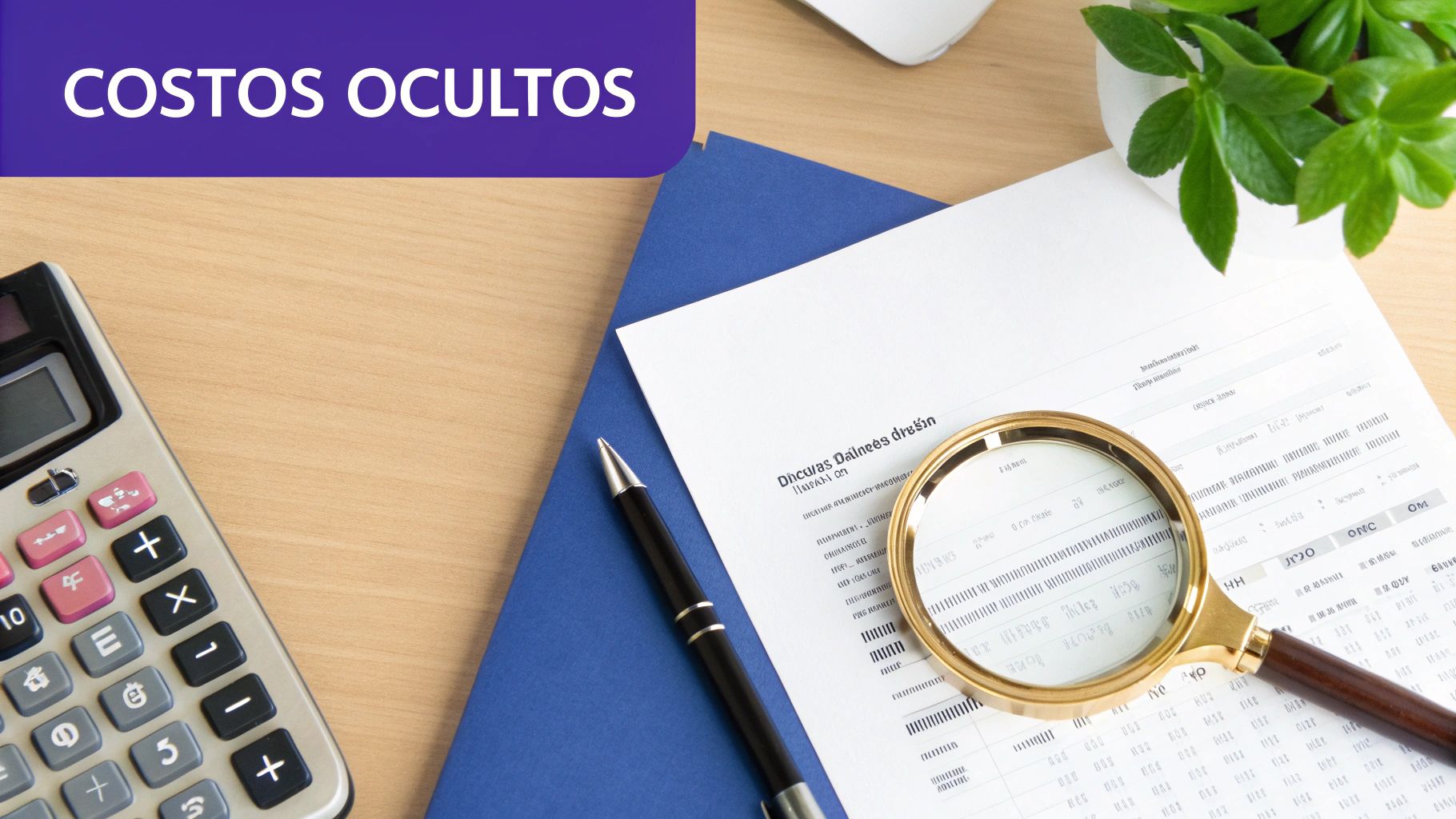 Calculadora, lupa y documento sobre costos ocultos, simbolizando análisis financiero y búsqueda de detalles.
