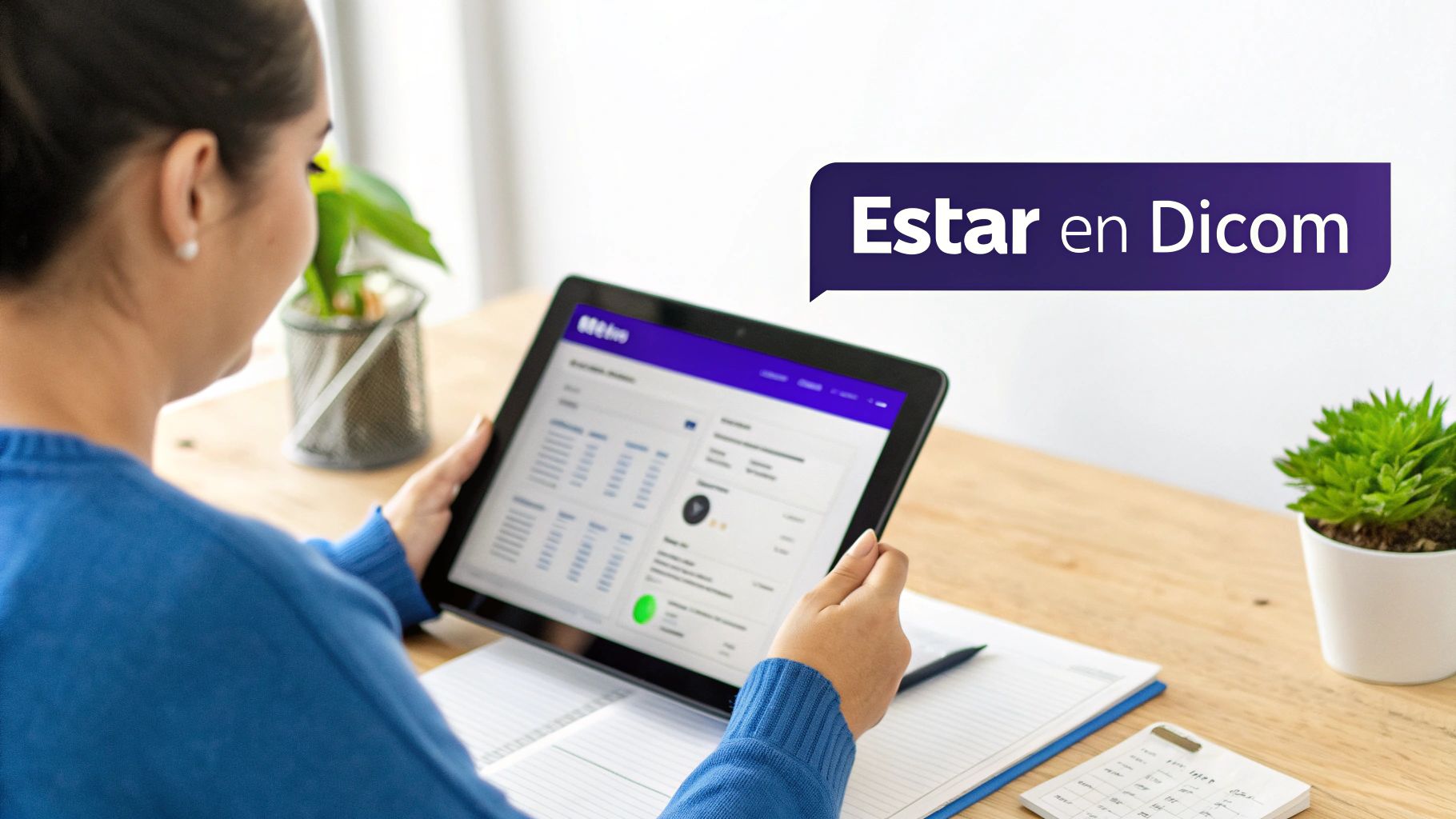 Persona revisando información financiera en una tablet, con la frase 'Estar en Dicom' sobreimpreso.