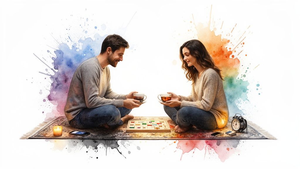 A smiling couple shares tea and plays a board game on a rug with watercolor accents.