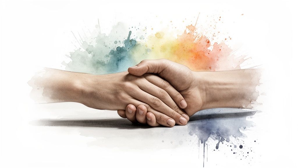 Two hands shaking with colorful watercolor splashes in the background, symbolizing unity and agreement.