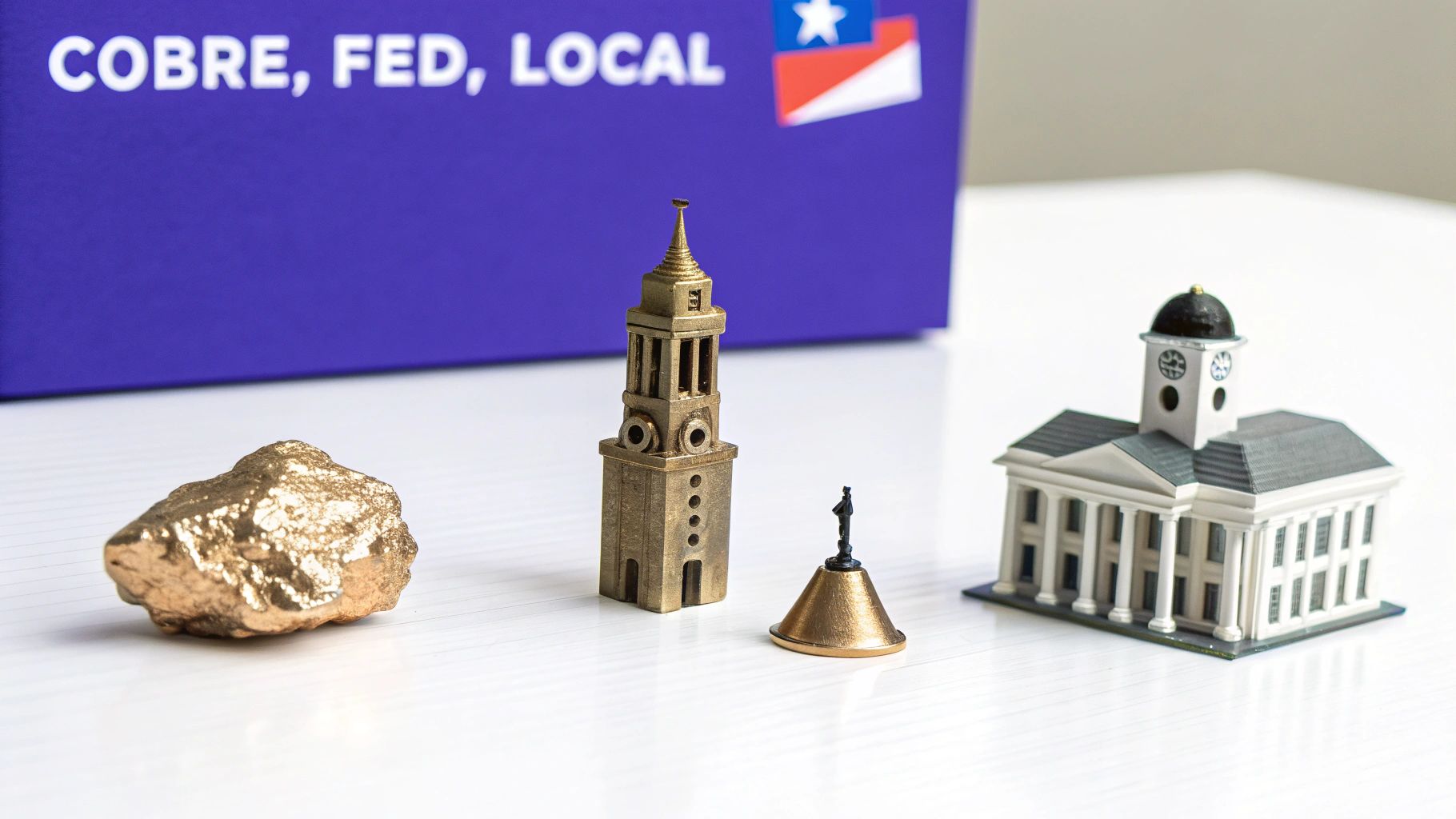Maquetas de edificios históricos, una pepita de oro y una caja con texto económico, representando símbolos financieros.