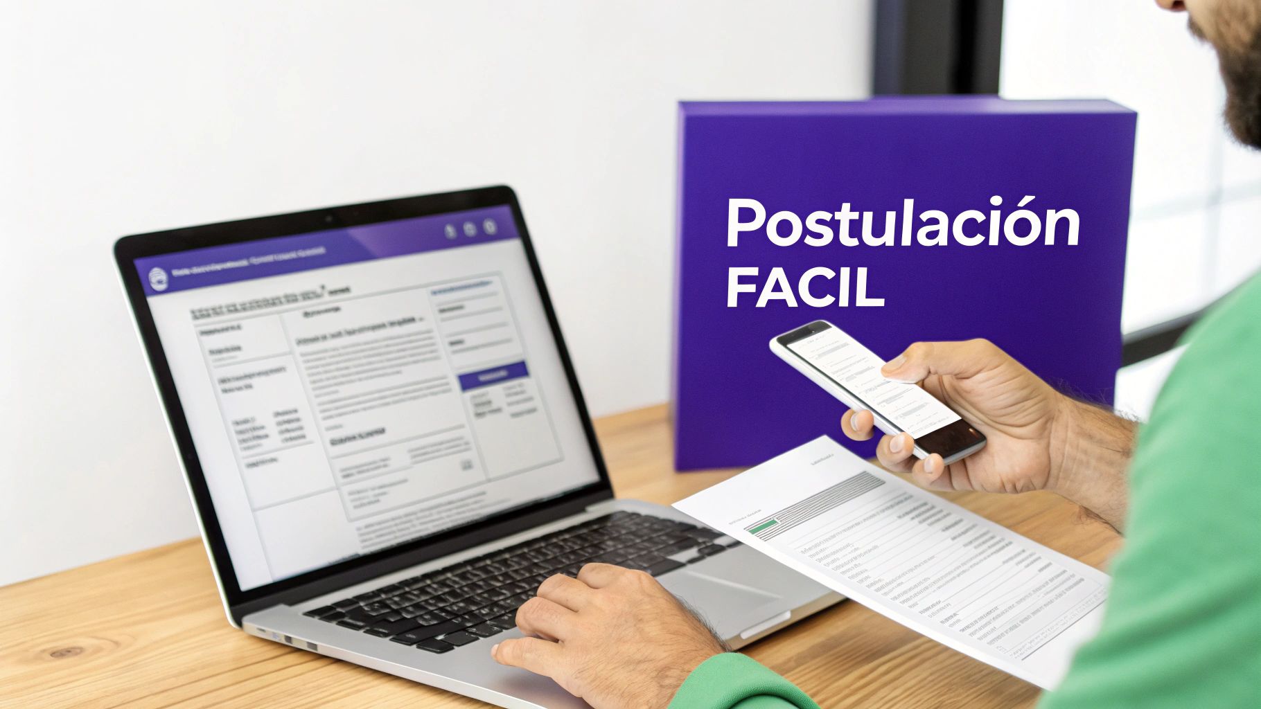 Persona aplicando en línea con laptop y celular, destacando 'Postulación FÁCIL' en caja morada.