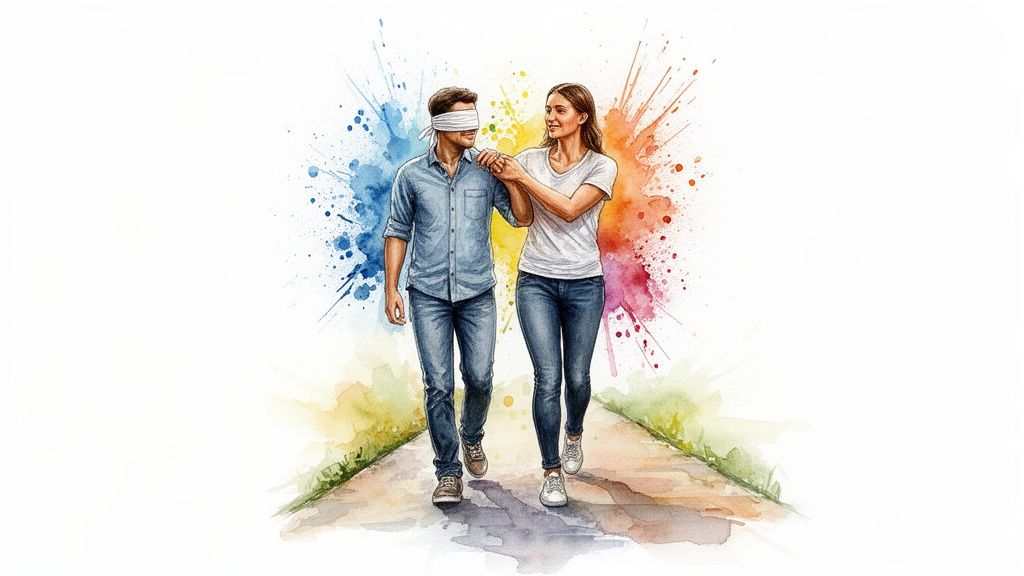 A woman gently guides a blindfolded man walking on a path, surrounded by colorful watercolor art.