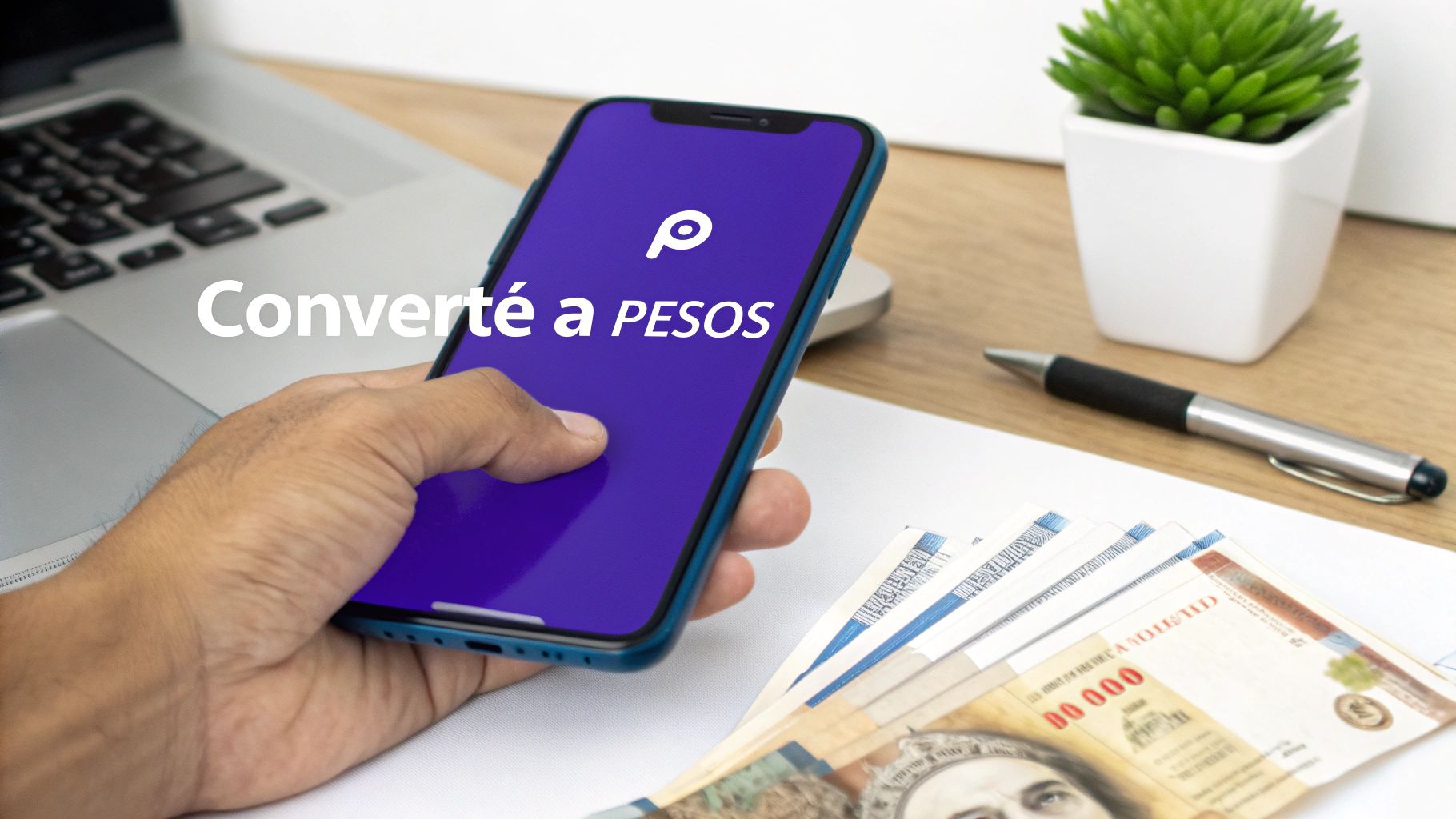 Una persona usa un smartphone para convertir dinero a pesos, con billetes y una laptop en el escritorio.