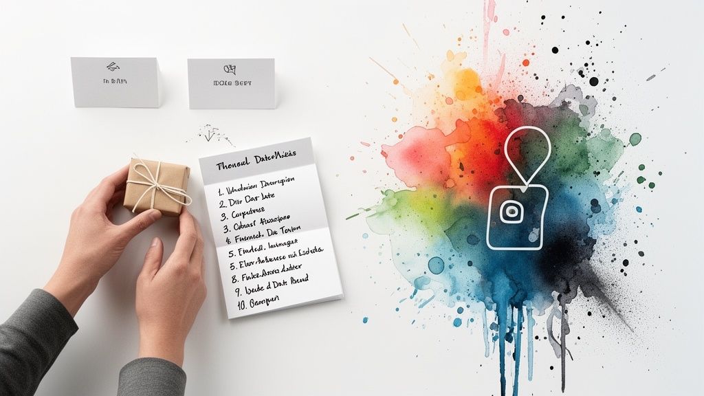 Hands holding a gift box, a to-do list, and colorful watercolor splashes with a camera icon.