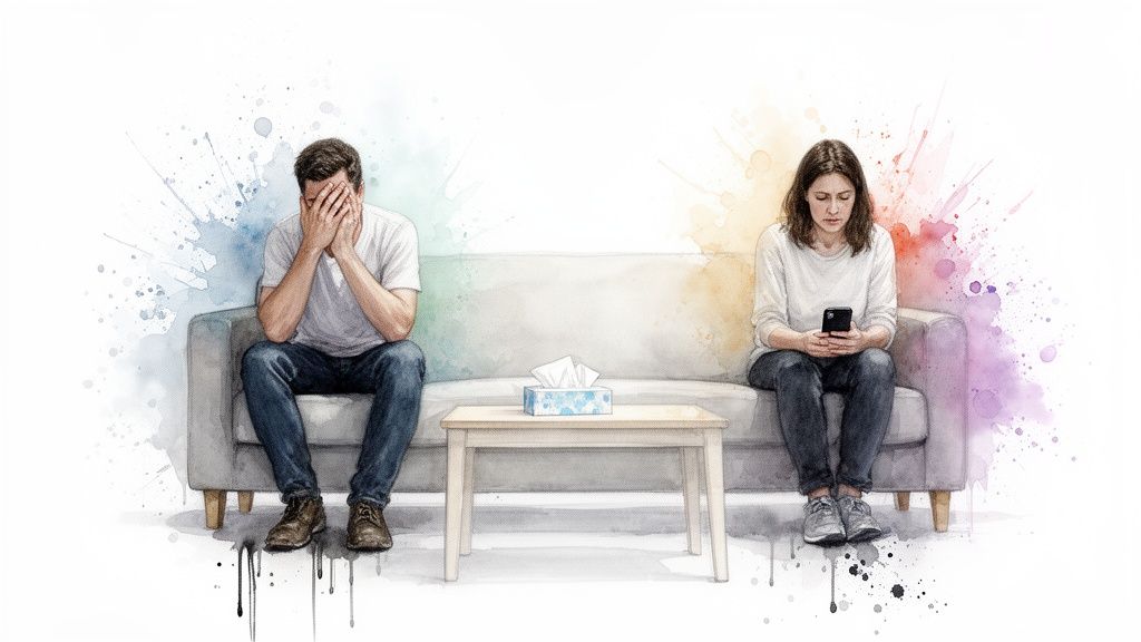 Watercolor illustration of a distressed couple sitting separately on a sofa with a tissue box between them, symbolizing relationship problems.