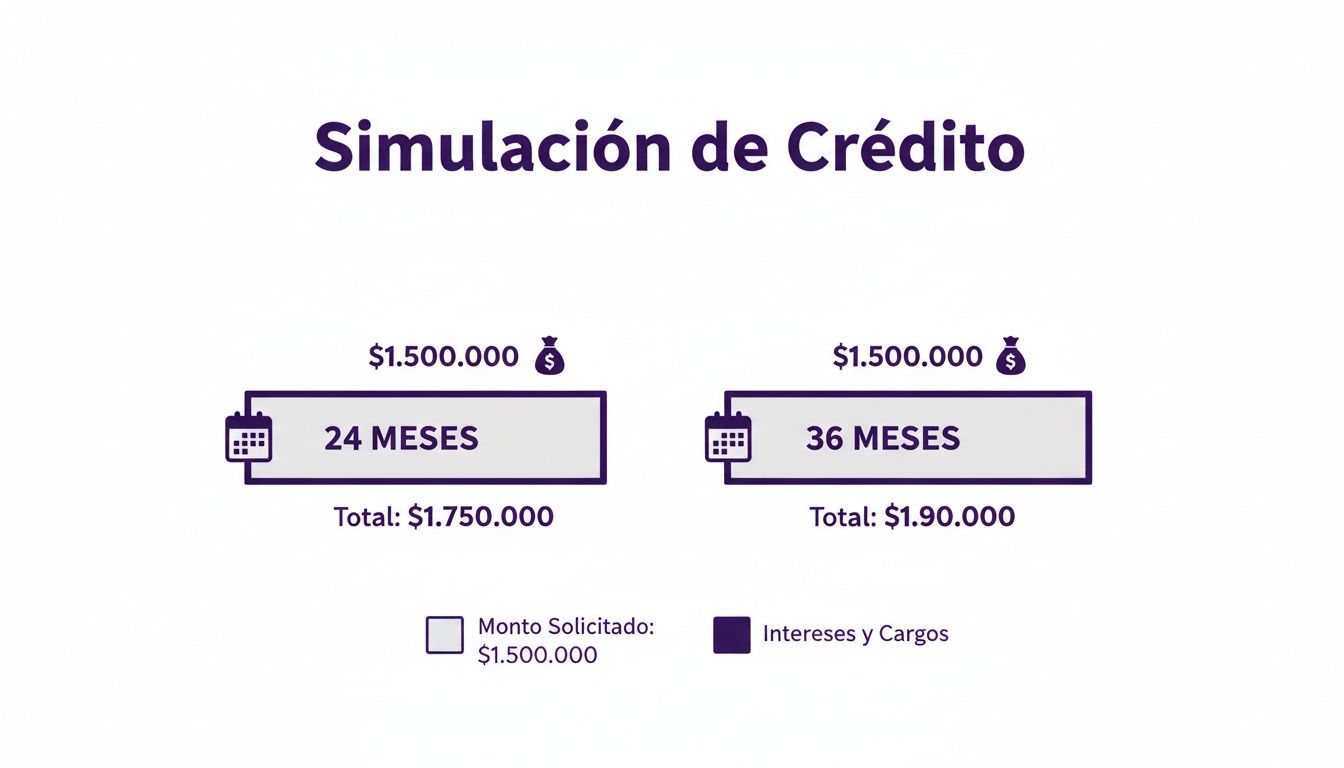 Simulación de crédito bancario mostrando opciones de 24 y 36 meses para un monto solicitado de $1.500.000, con sus totales e intereses.