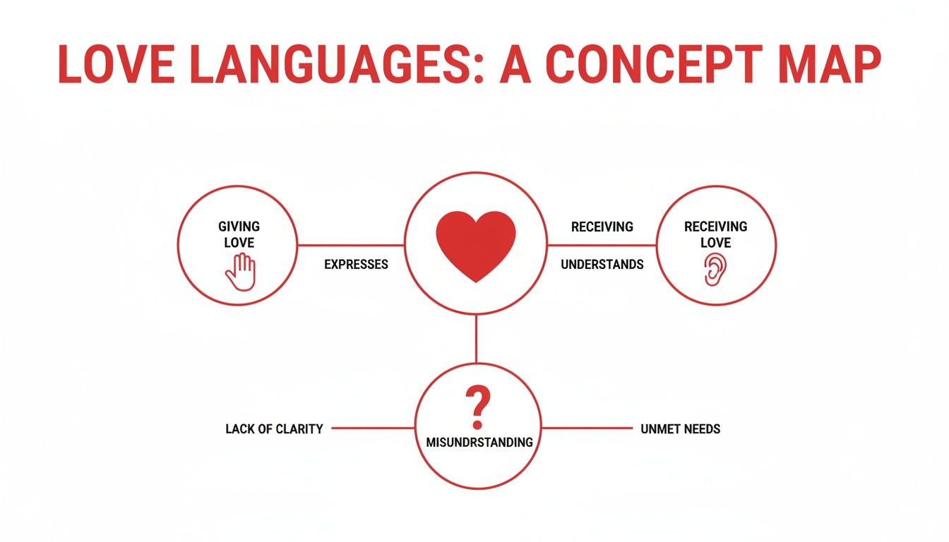 A concept map visualizing love languages, connecting giving and receiving love with potential misunderstandings and unmet needs.