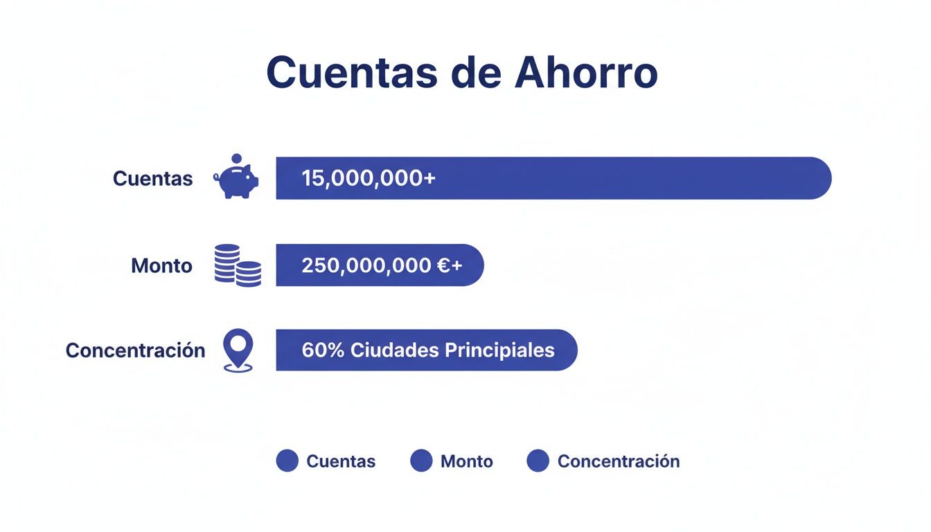 Gráfico de barras sobre cuentas de ahorro mostrando más de 15 millones de cuentas, 250 millones de euros y 60% de concentración en ciudades principales.