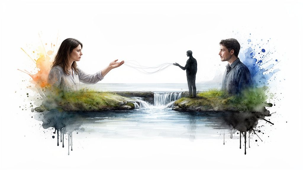 Watercolor painting of a woman reaching across a waterfall to subtle strands held by a silhouette, symbolizing emotional connection.