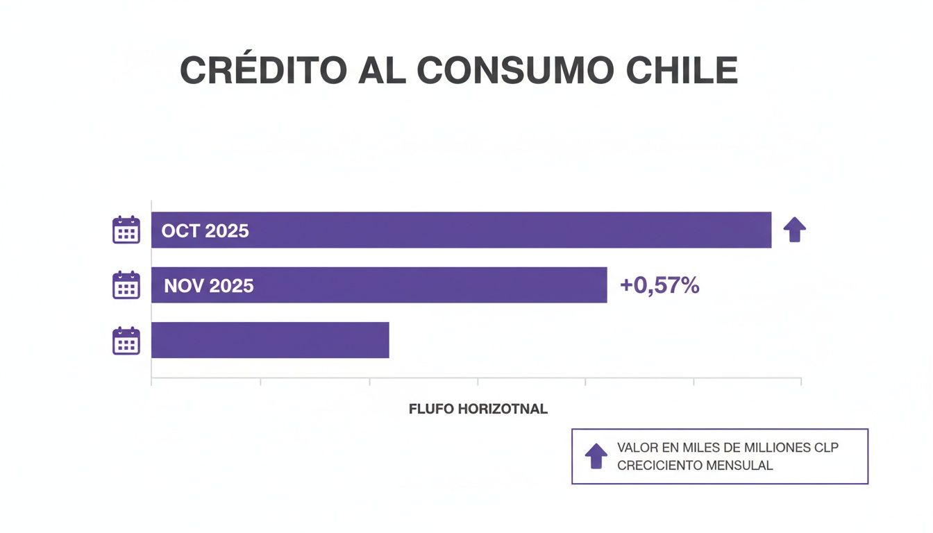 Gráfico de barras mostrando datos de crédito al consumo en Chile para octubre y noviembre de 2025, incluyendo crecimiento mensual.