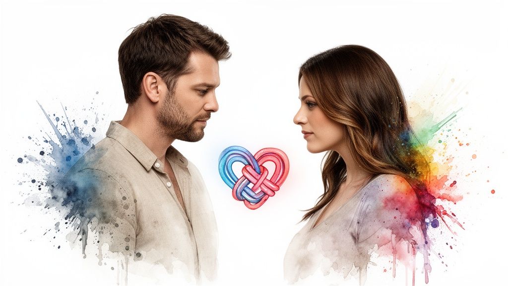 Man and woman looking at an intertwined blue and red heart, surrounded by watercolor splashes.