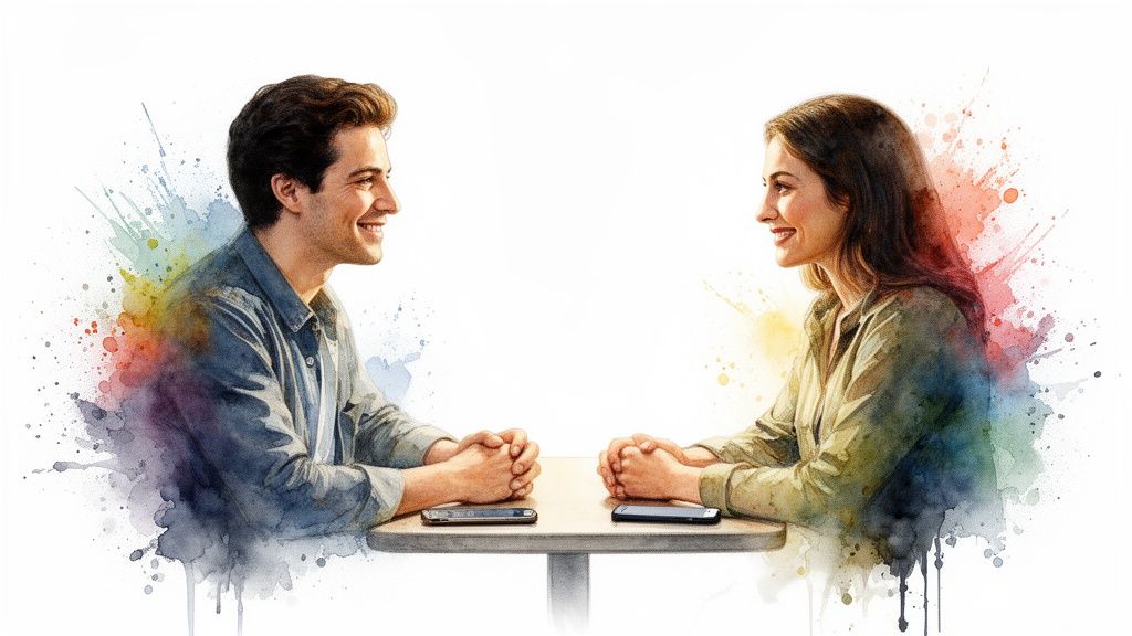 Watercolor painting of a smiling man and woman looking at each other across a table with phones.