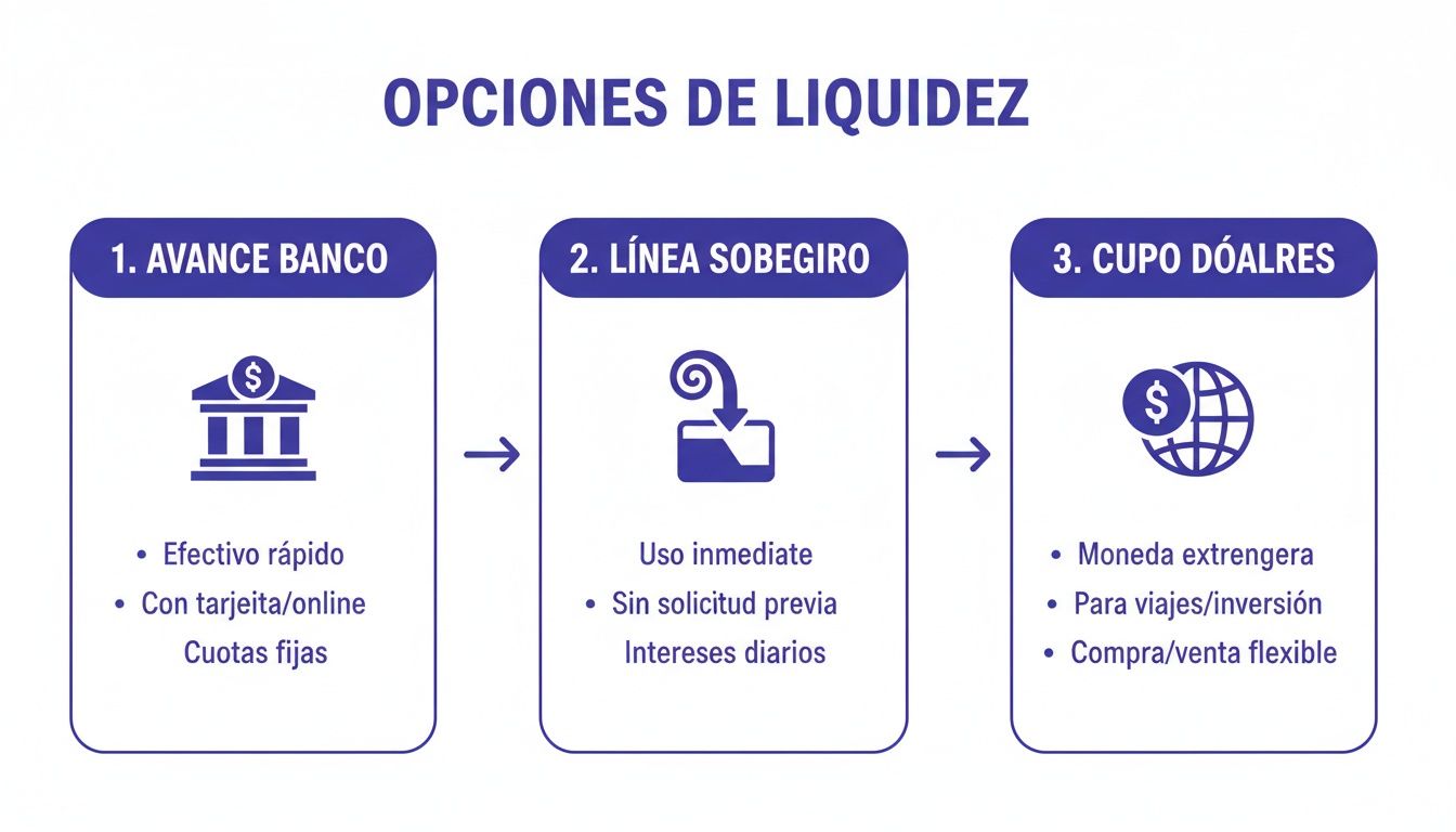 Infografía que ilustra 3 opciones de liquidez: Avance Banco, Línea Sobregiro y Cupo Dólares, con sus características.