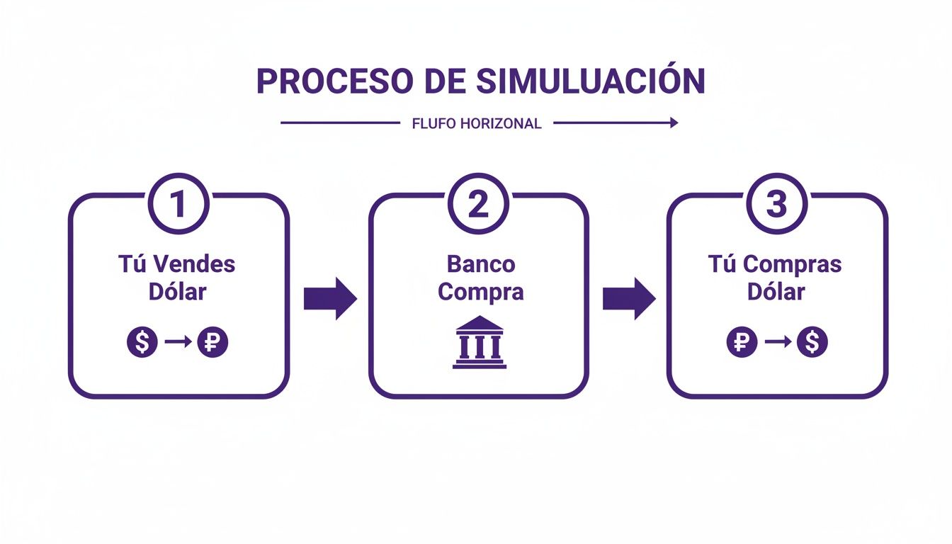 Un diagrama de flujo horizontal ilustra el proceso de simulación para vender y comprar dólares con el banco.