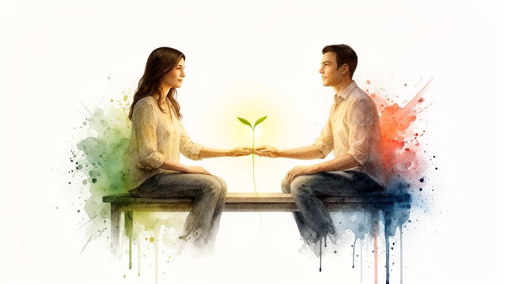 A man and a woman sitting on a bench holding a glowing green sprout, symbolizing growth and connection.