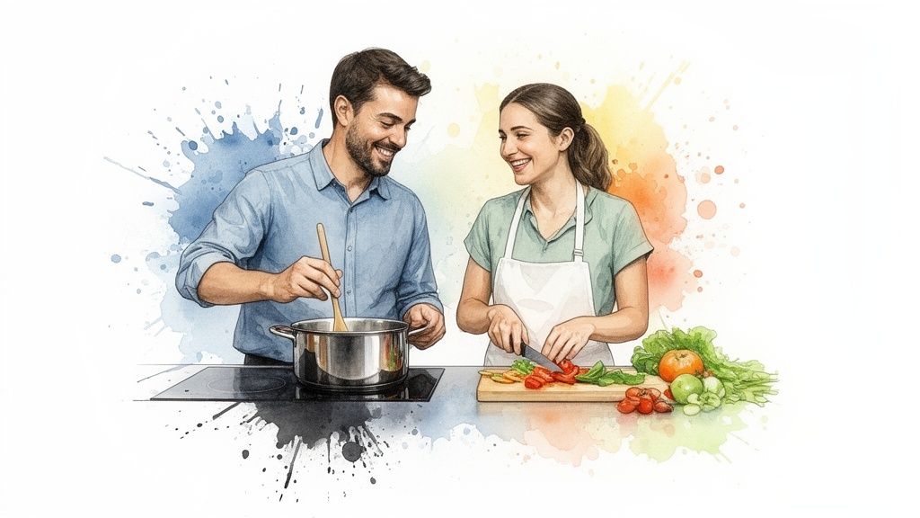 A happy couple in a watercolor style, cooking together, preparing fresh vegetables.