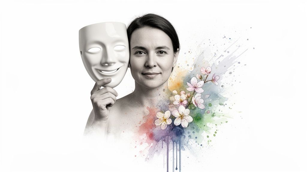 A woman holds a smiling mask, with colorful watercolor flowers and splashes emerging from her side.