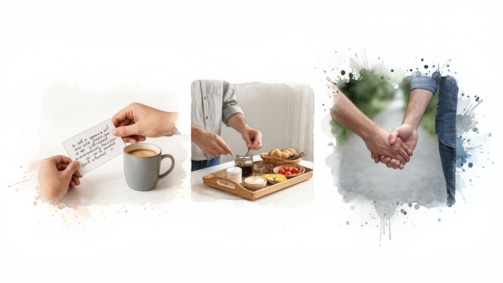 Three watercolor panels: hands with a note and coffee, preparing breakfast, and two people holding hands.