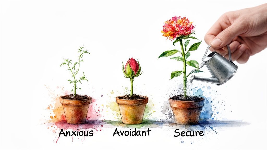 Anxious, avoidant, and secure attachment styles depicted by three different potted plants, with a hand watering the secure plant.