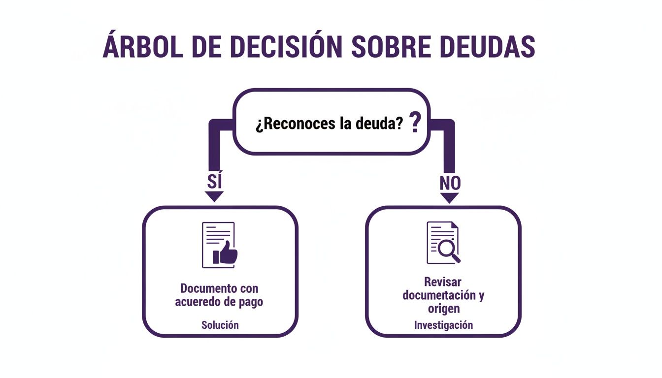 Diagrama de flujo "Árbol de Decisión sobre Deudas" para gestionar si se reconoce o no una deuda.
