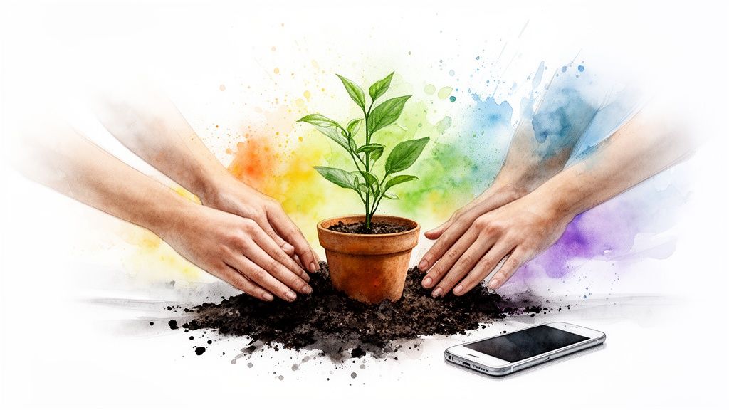 Hands planting a small green plant in a pot, surrounded by colorful watercolor and a smartphone.