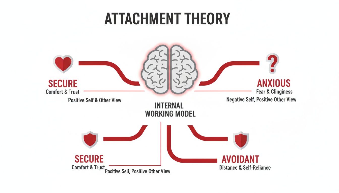 Diagram illustrating Attachment Theory, showing secure, anxious, and avoidant attachment styles connected to the internal working model.