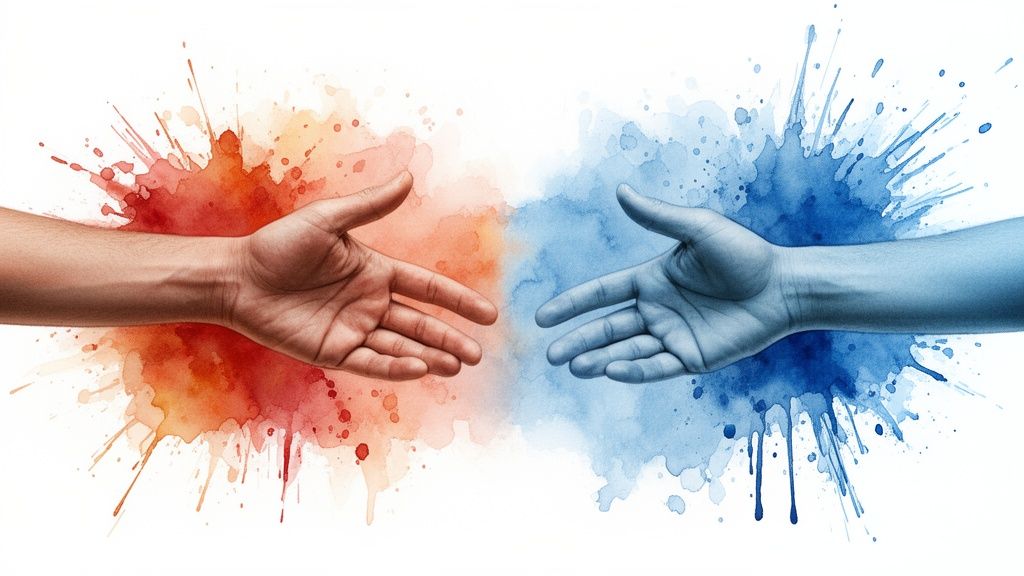 Two hands, one red and one blue, reach out to connect amidst vibrant watercolor splatters.
