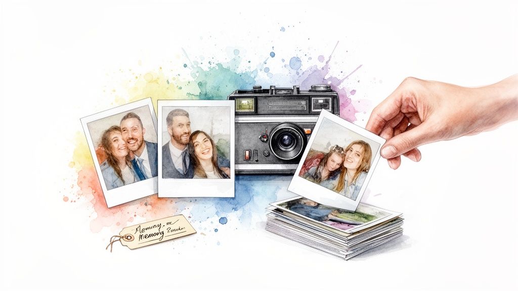 Watercolor illustration of a vintage camera, instant photos of couples and friends, and a hand.