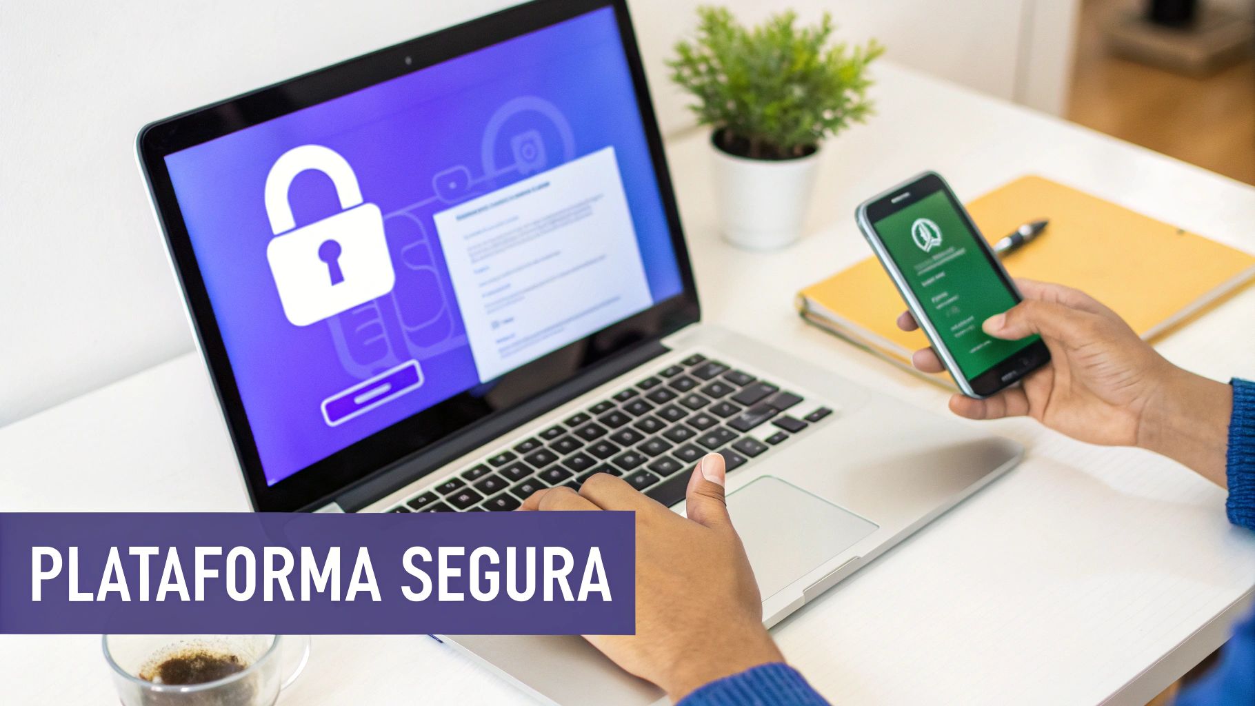 Persona usando laptop con icono de candado y smartphone, representando una plataforma segura en línea.