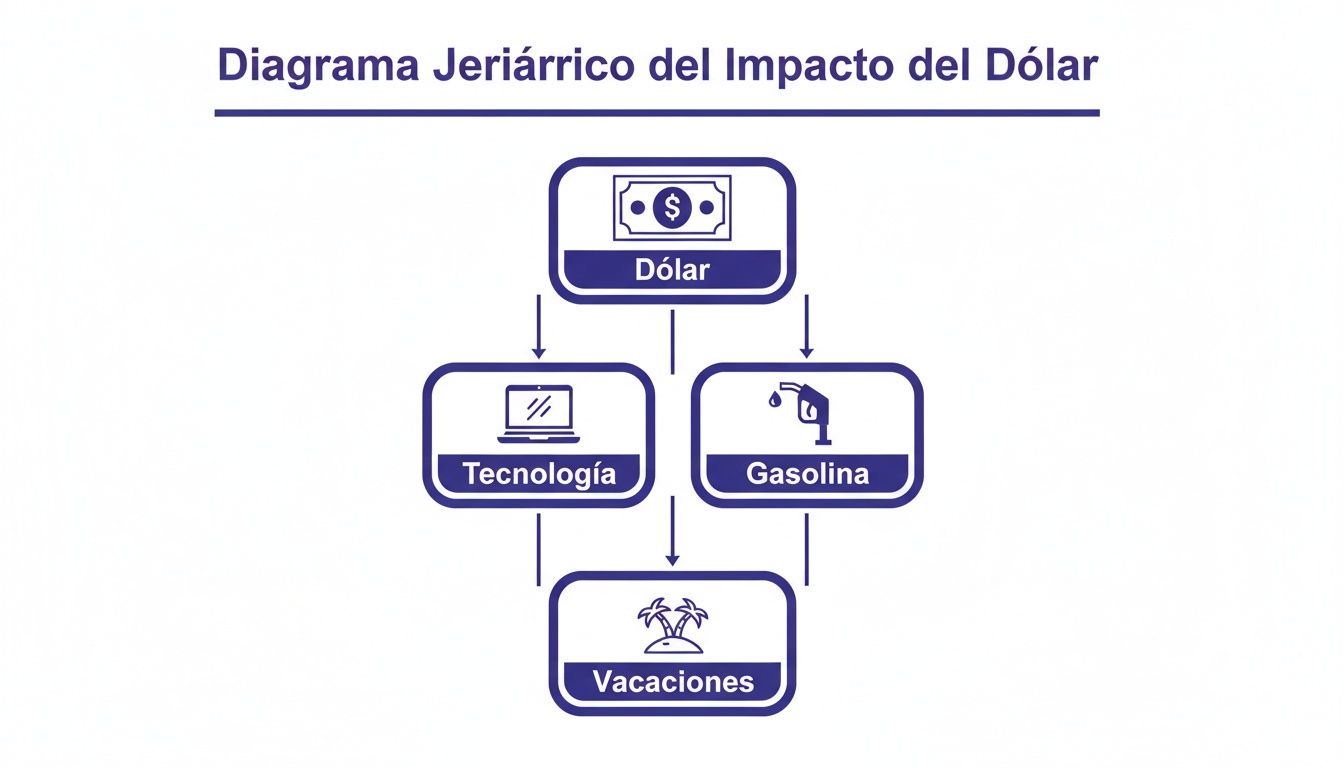 Diagrama jerárquico que muestra el impacto del dólar en tecnología y gasolina, que a su vez afectan las vacaciones.