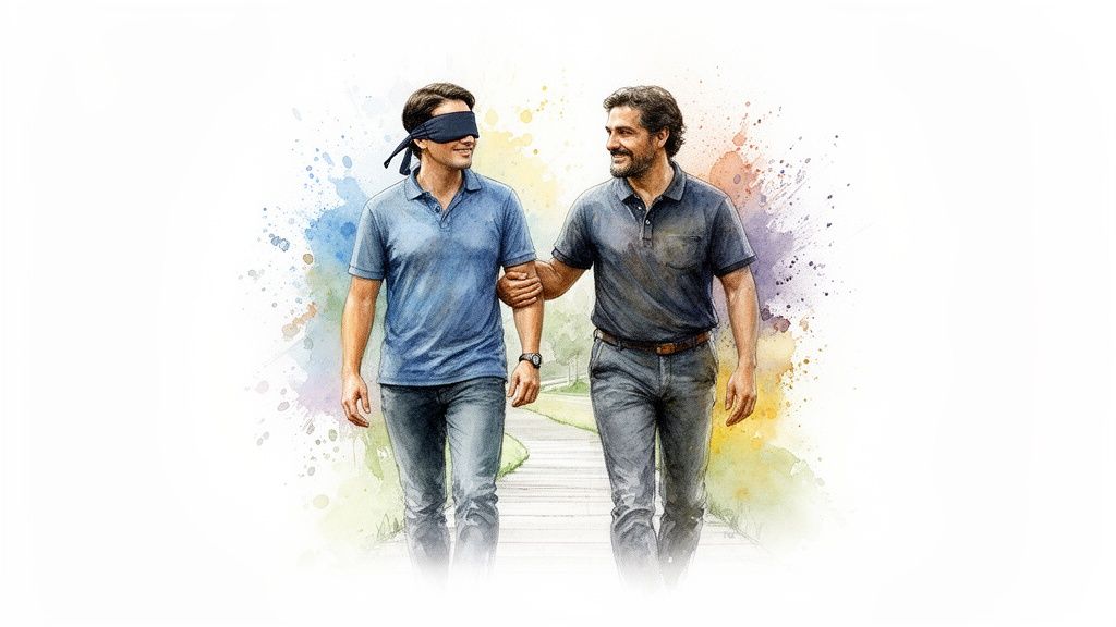 Two men walk on a path, one blindfolded and guided by the other, watercolor style.