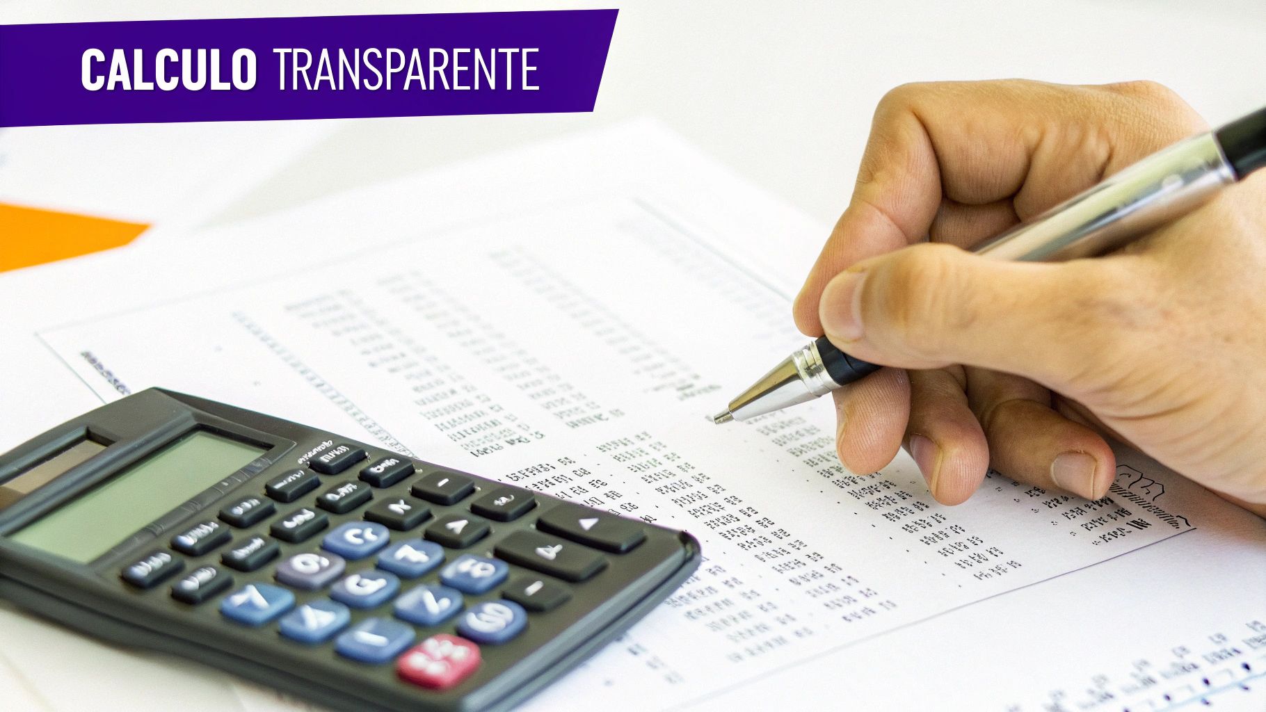 Mano escribiendo en un documento con números y una calculadora, ilustrando cálculo transparente.