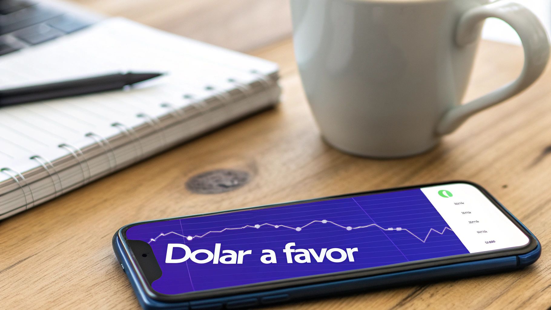 Teléfono móvil en mesa de madera mostrando gráfico financiero de dólar favorable, junto a cuaderno y taza de café.