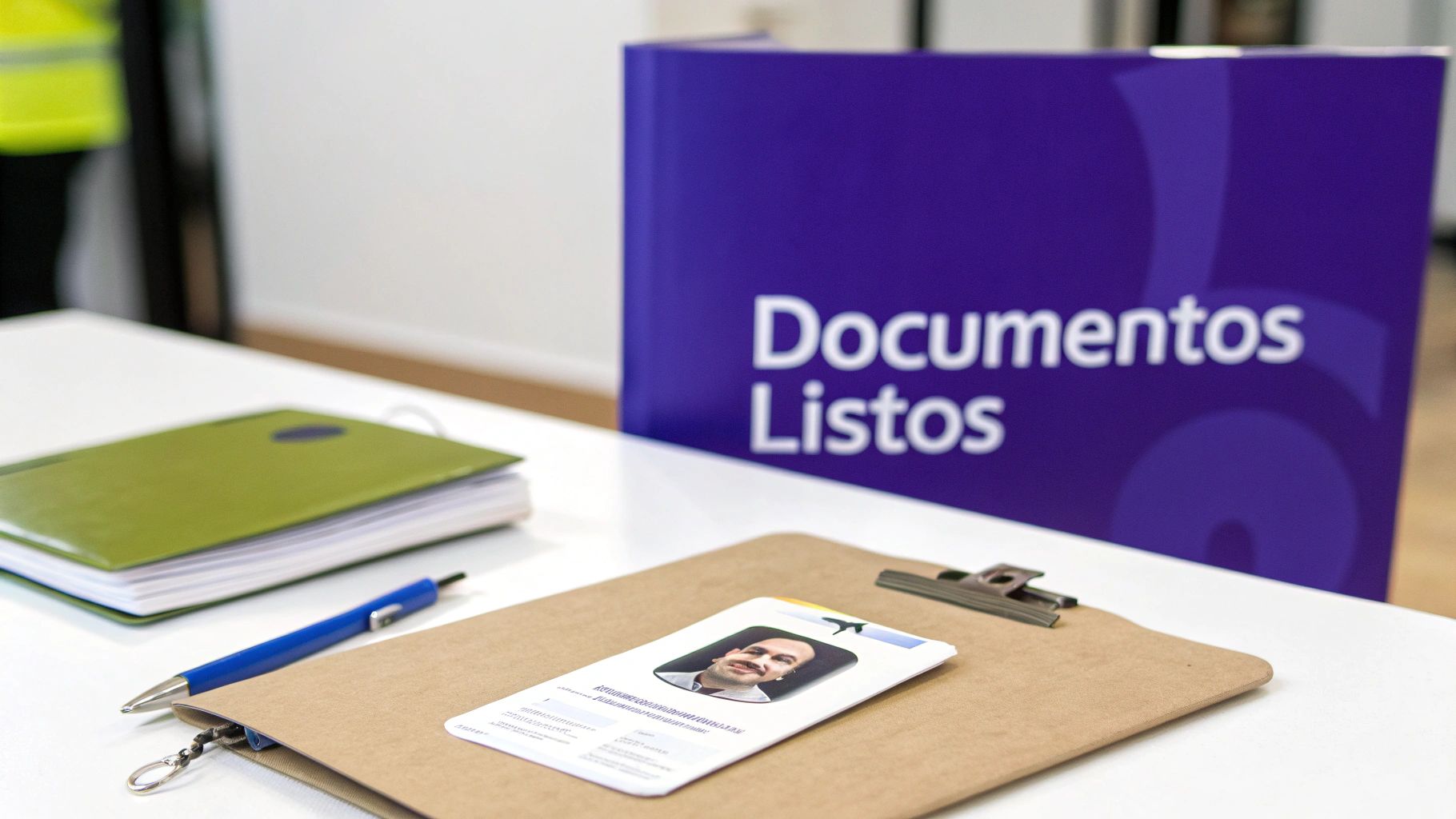 Mesa de oficina con un cuaderno verde, bolígrafo azul, credencial de identificación y un cartel morado que dice 'Documentos Listos'.