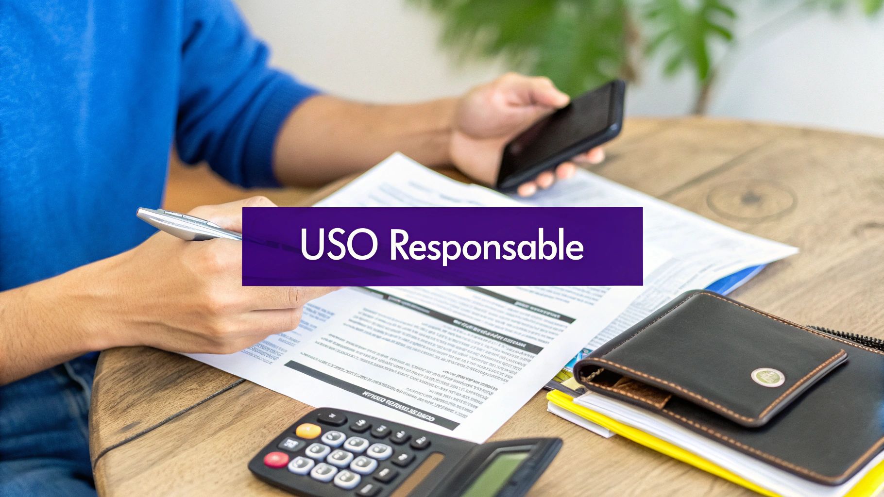 Una persona revisa documentos y usa un teléfono y calculadora sobre una mesa de madera, con el texto 'USO Responsable'.