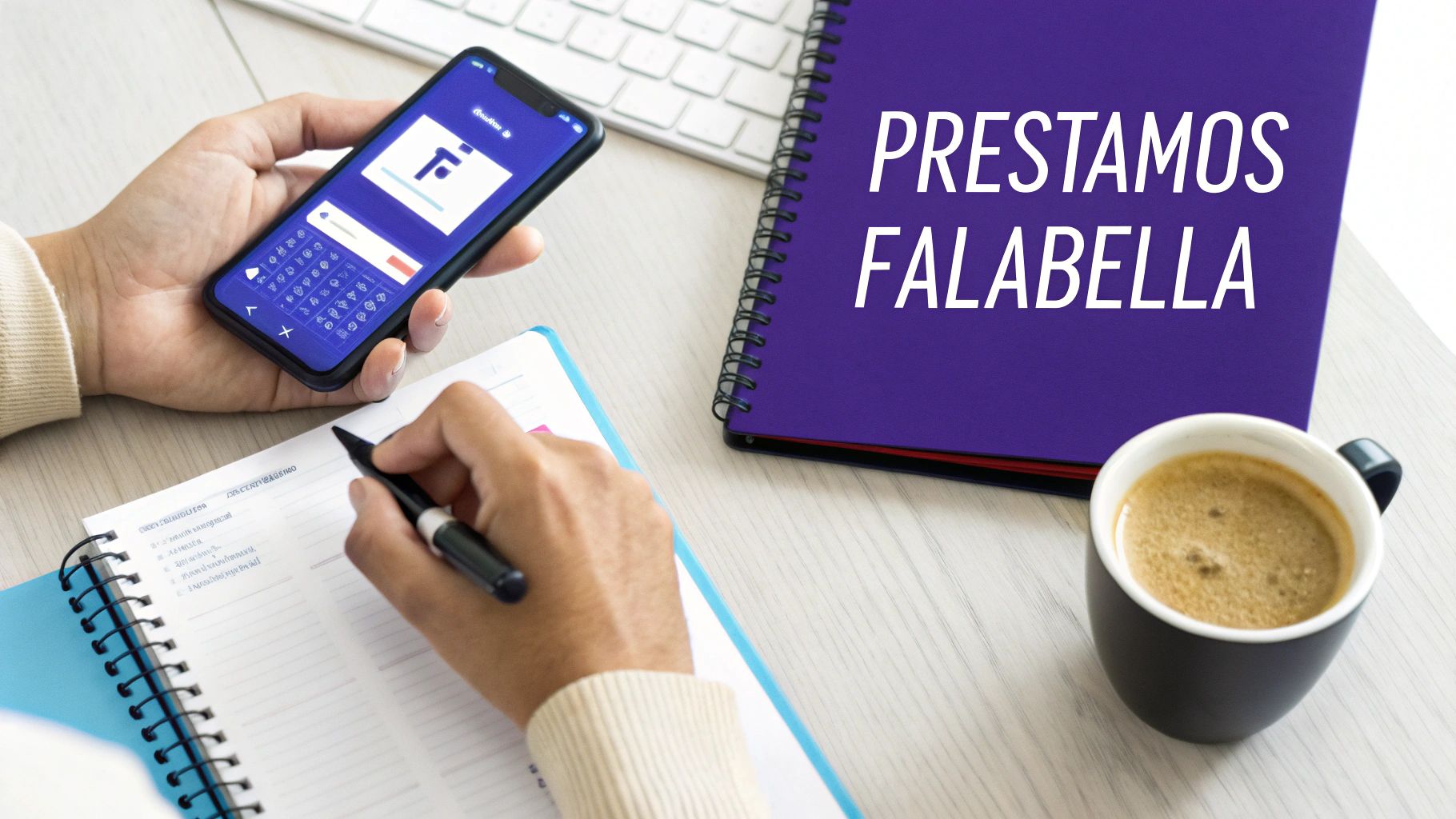 Persona usando un smartphone y escribiendo en una libreta, con un cuaderno que dice 'PRESTAMOS FALABELLA' y una taza de café.