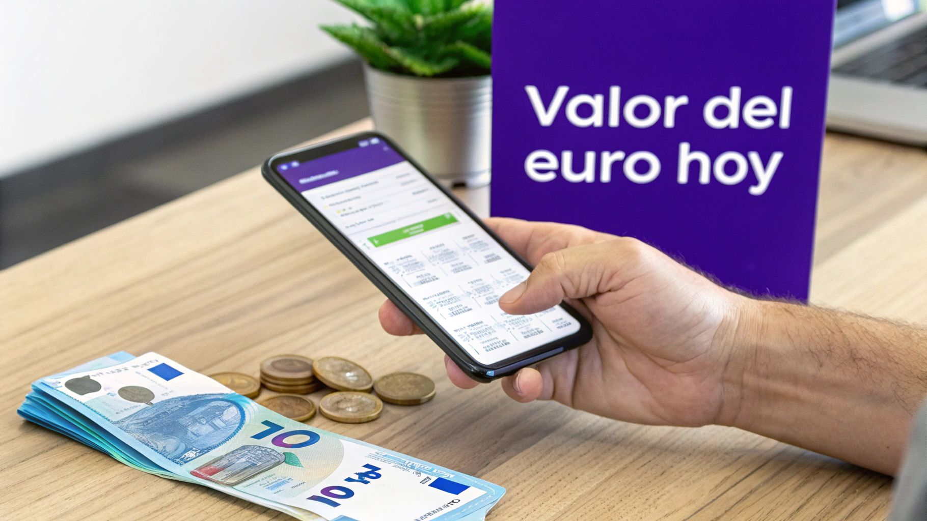 Persona consultando el valor del euro en su móvil, con billetes y monedas de euro en la mesa.