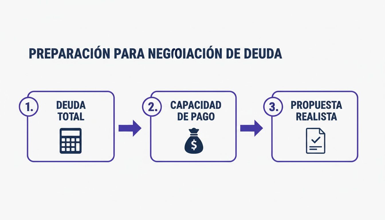 Infografía de 3 pasos para la preparación y negociación de deuda: deuda total, capacidad de pago y propuesta realista.