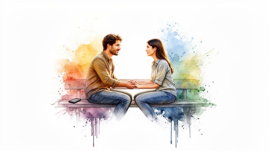 A watercolor painting of a happy couple sitting on a bench, holding hands, with a phone.