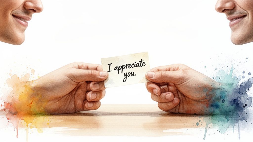 Hands exchange an 'I appreciate you' card, surrounded by colorful watercolor splashes.