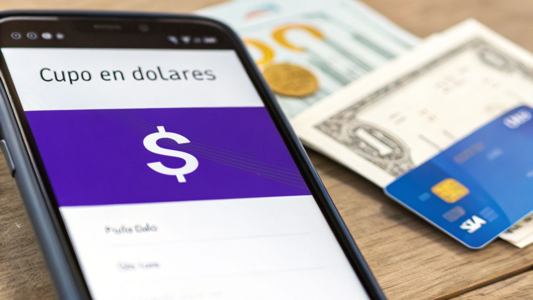 Un teléfono muestra 'Cupo en dolares' con un billete de dólar, monedas y tarjeta de crédito.